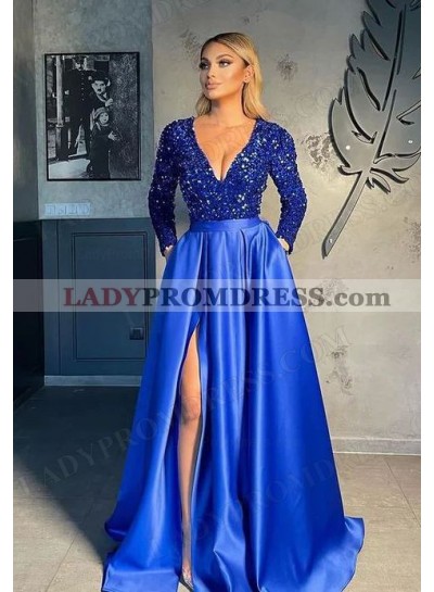 2023 A-Line Sequins V-neck Long Sleeves Sweep Train Prom Dresses