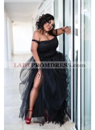 2023 A-Line Tulle Applique Off the Shoulder Sleeveless Sweep Train Prom Dresses