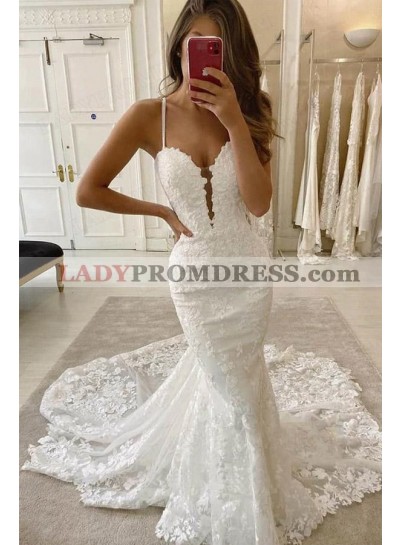 Mermaid/Trumpet Lace Spaghetti Straps Sleeveless Sweep/Brush Train Wedding Dresses