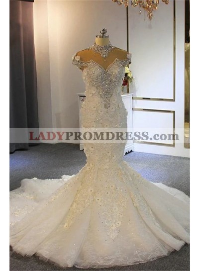 2023 Mermaid Tulle High Neck Cap Sleeves Hand-Made Flower Wedding Dresses