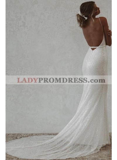 Mermaid Sequins Spaghetti Straps Sleeveless Backless Sweep Train Wedding Dresses