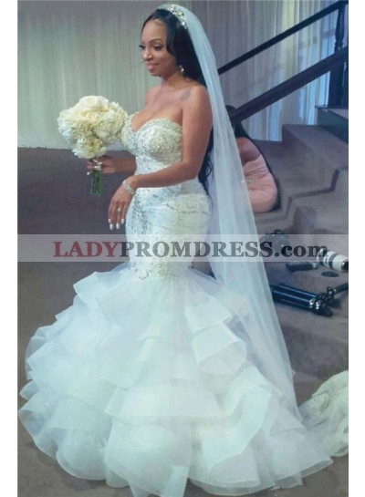 2023 Mermaid Organza Beading Sweetheart Sleeveless Sweep Train Wedding Dresses