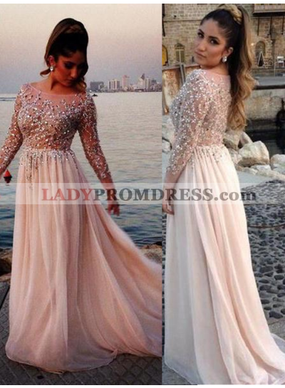 Beading Long Sleeve A-Line/Princess Chiffon 2023 Glamorous Pink Prom Dresses