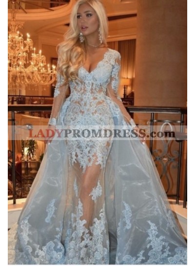 2023 Long Sleeve Sheath/Column Light Blue V-neck Lace Prom Dresses