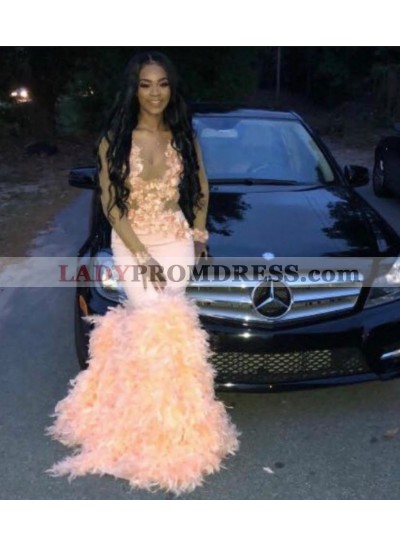 2023 Long Sleeve V-neck Mermaid Pink Prom Dresses