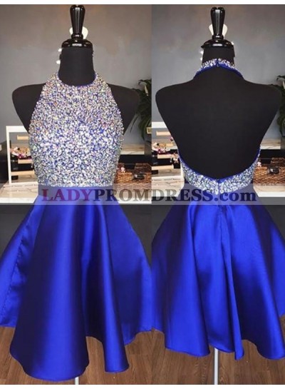 2023 Halter Satin Backless Short Prom Dresses / Homecoming Dress