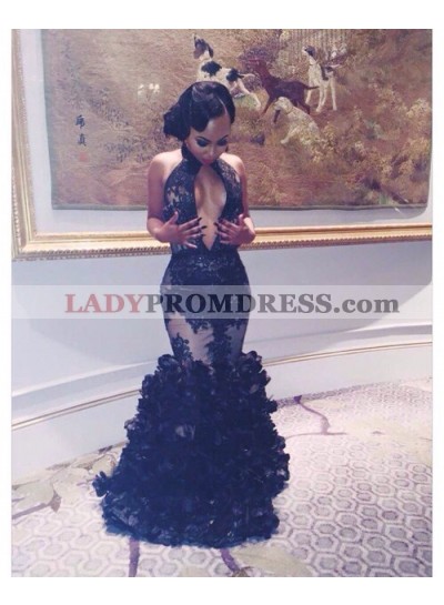 2023 Gorgeous Black Prom Dresses Mermaid Layers Deep V Sexy Long Appliques