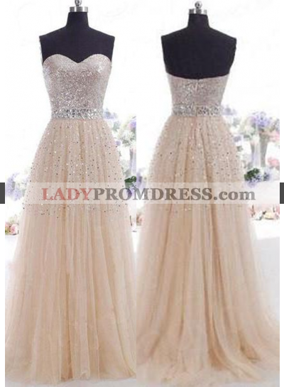 Champagne Beading Sweetheart A-Line/Princess Tulle Prom Dresses