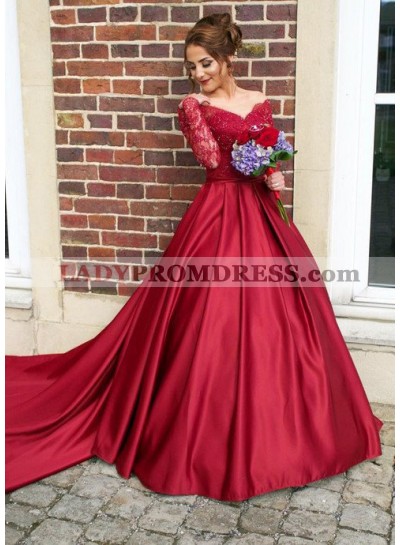 2023 Gorgeous Red V-Neck Long Sleeve Beading Sweep/Brush Train Satin Prom Dresses