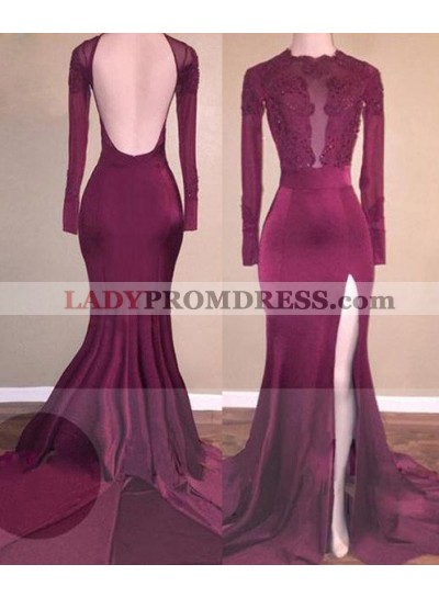 2023 Cheap Mermaid Burgundy Backless Satin Prom Dresses