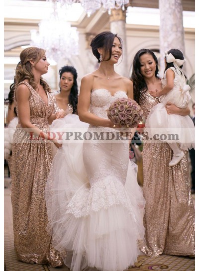 Champagne Column Sequins V Neck Column Floor Length Bridesmaid Dresses / Gowns