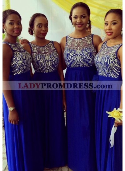 Royal Blue Scoop Crystal Chiffon Column Long Bridesmaid Dresses / Gowns