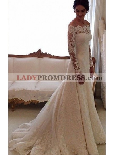 Bateau Ivory A-Line Court Train Lace Long Sleeves Wedding Gowns / Dresses