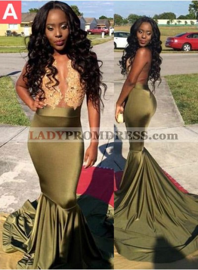 Appliques Green Mermaid/Trumpet Stretch Satin Prom Dresses