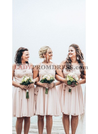 2023 New Arrival A Line Jewel Chiffon Blush Pink Knee Length Lace Short Bridesmaid Dresses / Gowns