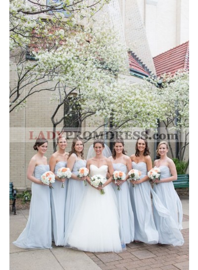 2023 New Arrival A Line Chiffon Light Sky Blue Strapless Long Bridesmaid Dresses / Gowns