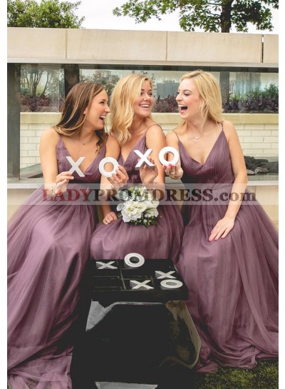 2023 New Arrival A Line Tulle Deep V Light Purple Long Bridesmaid Dresses / Gowns With Straps