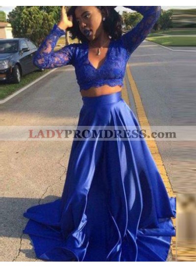 2023 Cheap Princess/A-Line Royal Blue Long Sleeves Two Pieces Prom Dresses
