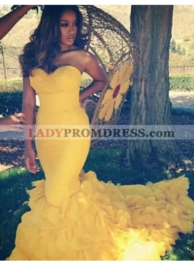 2023 Sexy Mermaid/Trumpet Daffodil Satin Prom Dresses