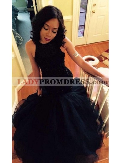 2023 Sexy Mermaid/Trumpet Black Tulle Ruffles Prom Dresses