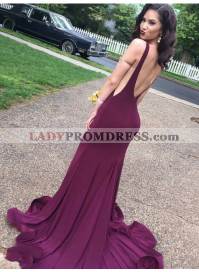 2023 Sexy Grape Mermaid/Trumpet Elastic Satin Backless Prom Drses