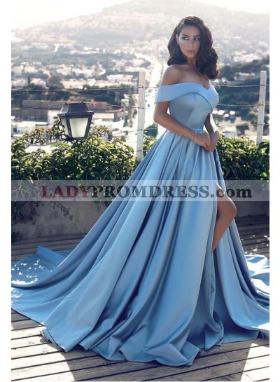 2023 Elegant Princess/A-Line Blue Sweetheart Satin Side Slit Off The Shoulder Prom Dresses