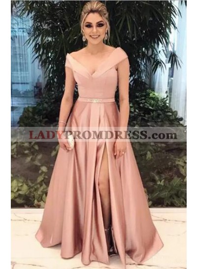 2022 Cheap Princess/A-Line Pink Satin Side Slit Off The Shoulder Prom Dresses