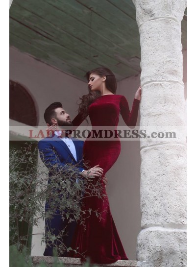 Burgundy Mermaid/Trumpet Long Sleeves Velvet Prom Dresses