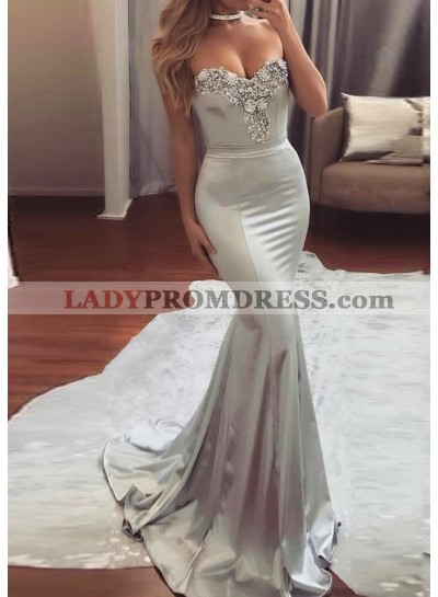 2023 Siren Silver Mermaid/Trumpet Sweetheart Beaded Elastic Satin Prom Dresses