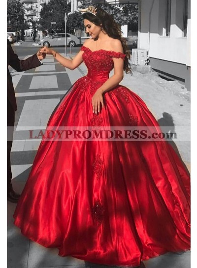 Ball Gown Off The Shoulder Red Satin Prom Dresses