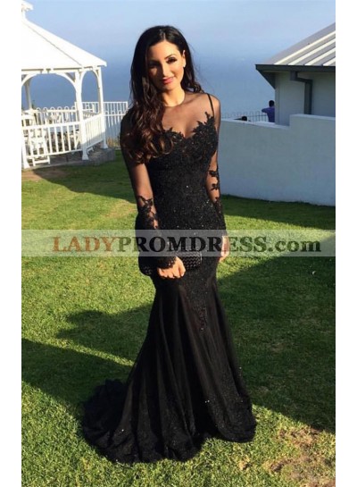 2023 Siren Black Mermaid/Trumpet Tulle Long Sleeves Prom Dresses With Appliques