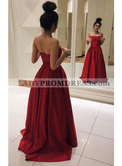 2022 Cheap Princess/A-Line Satin Strapless Red Prom Dresses