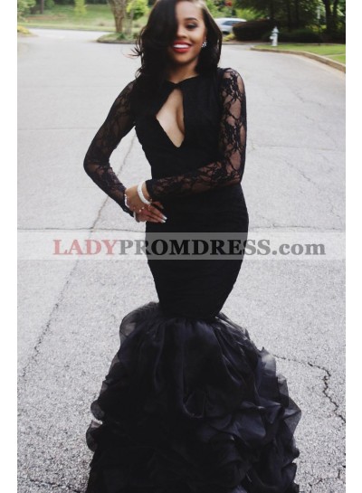Mermaid Black Long Sleeves Organza Backless Prom Dresses