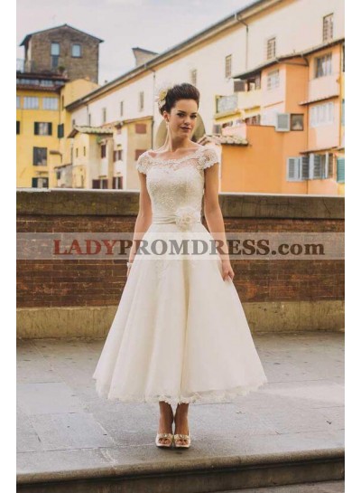2023 A Line Lace Capped Sleeves Tea Length Wedding Dresses