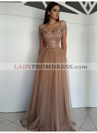 2023 A-Line/Princess Tulle Sweetheart Off The Shoulder Champagne Prom Dresses
