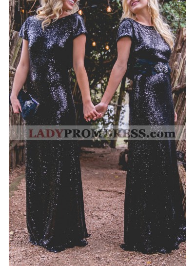 Charming Sheath Black Sequence Backless Long Bridesmaid Dresses