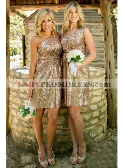 Cheap Sequence A Line One Shoulder Knee Length Bridesmaid Dresses