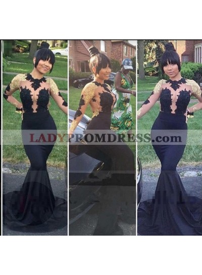 2023 Black Long Sleeves Mermaid Long Satin Prom Dresses