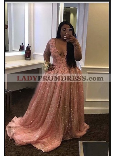 2023 Long Sleeve Sequence Blushing Pink Ball Gown Prom Dresses