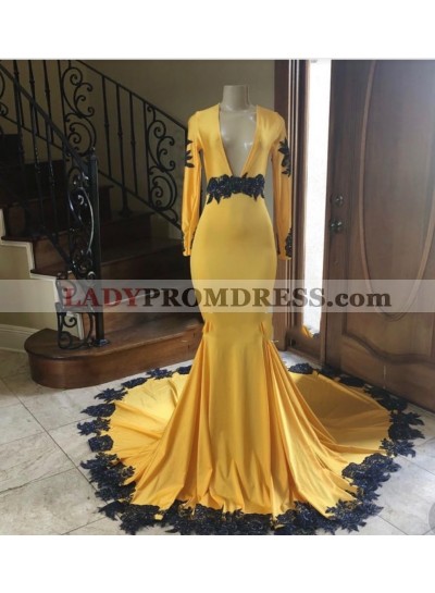 2022 Deep V-neck Long Sleeve Mermaid Prom Dresses