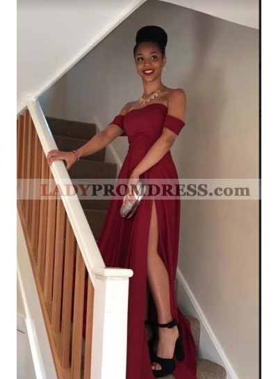 Burgundy Off-the-Shoulder High-Slit A-Line/Princess Satin Prom Dresses