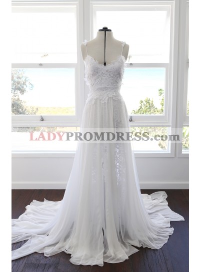 Cheap A Line Sweetheart Spaghetti Straps Side Slit Chiffon Lace Beach Wedding Dresses 2023