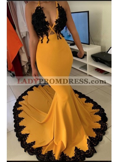 2023 Mermaid Orange V-neck Sleeveless Zipper Sweep Train Prom Dresses