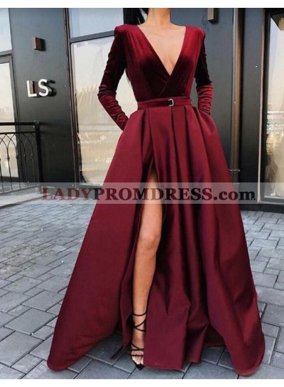 2023 Long Sleeve V-neck Sexy A-line Satin Long Prom Dresses