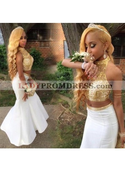 2023 Cheap Mermaid High Neck Two Pieces Gold and White Prom Dresses