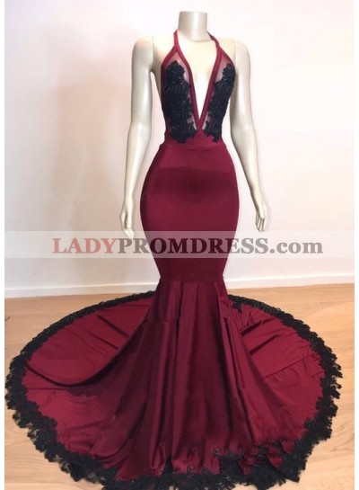 Sexy Mermaid V Neck Backless Burgundy And Black Long Prom Dress 2023