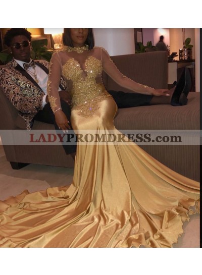 New Arrival Gold Long Sleeves Satin Prom Dresses 2022