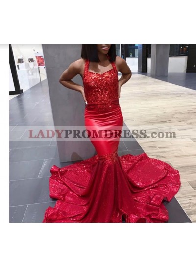Cheap Halter Red Mermaid Prom Dress 2023