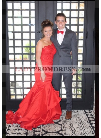 One Shoulder Red Mermaid Satin Prom Dresses