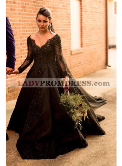 Long Sleeves V-neck Off the Shoulder Black Wedding Dresses
